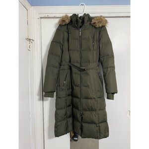 Kensie Large Green Winter Coat Parka with Fur Lined Hood and Belt